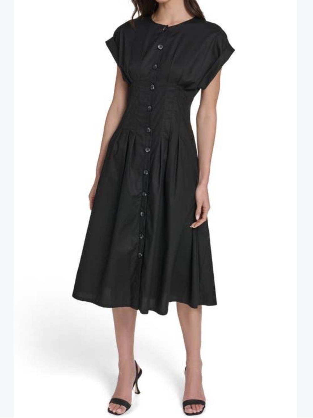 Calvin Klein Black Poplin Pintuck Button-Front Fit & Flare Midi Shirtdress